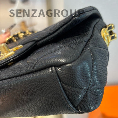 Chanel Coin Square Mini Flap Bag Black Gold Chain Shoulder Crossbody