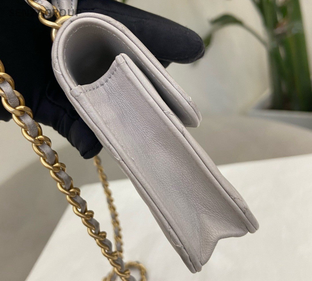 Chanel Lambskin Diamond Chain Shoulder Crossbody Gray Gold Used Women Classic