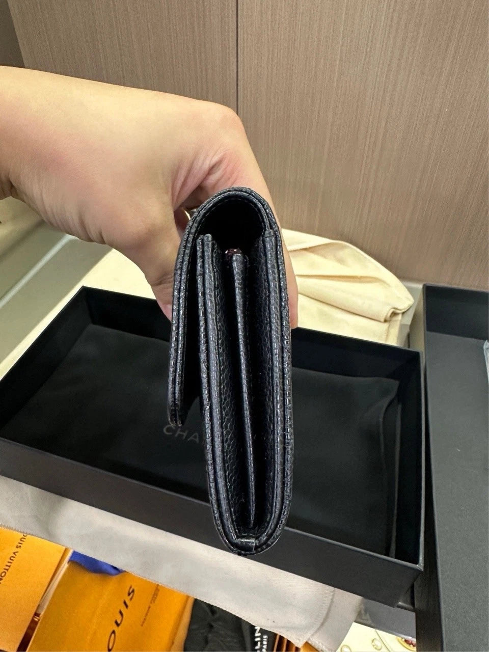 CHANEL Black Gold Grained Calfskin CF Long Chain Wallet For Women