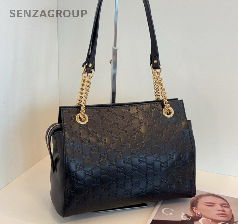 Gucci Tote Chain Shoulder Bag Black Gold Women Classic Fashion