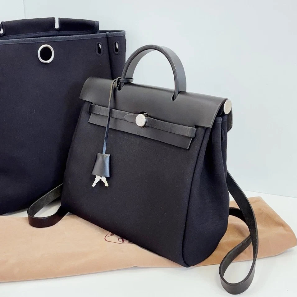 Hermes Herbag Canvas Backpack Black Silver Unisex Adults Classic