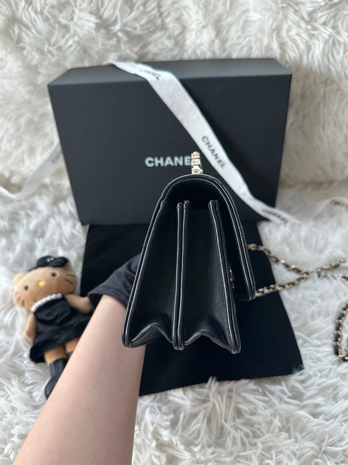 Chanel Diamond WOC Top Handle Crossbody Black Gold Women Classic