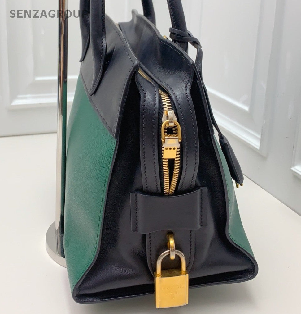 Prada Galleria 2Way Handbag Shoulder Bag Green Black Gold Women Classic