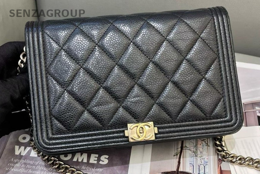 Chanel Leboy WOC Chain Shoulder Bag Black Gold Used Women Diamond Classic