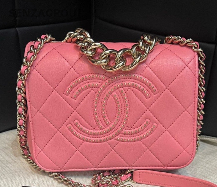 Chanel Diamond Chain Shoulder Bag Crossbody Pink Gold Women CC Logo Classic