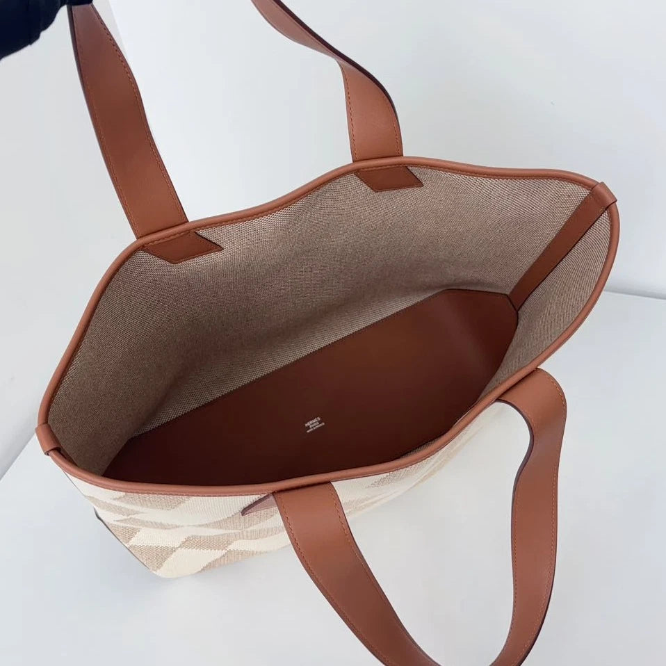Excellent Hermes Cabas H En Biais Canvas Brown White Tote Handbag Shoulder Bag