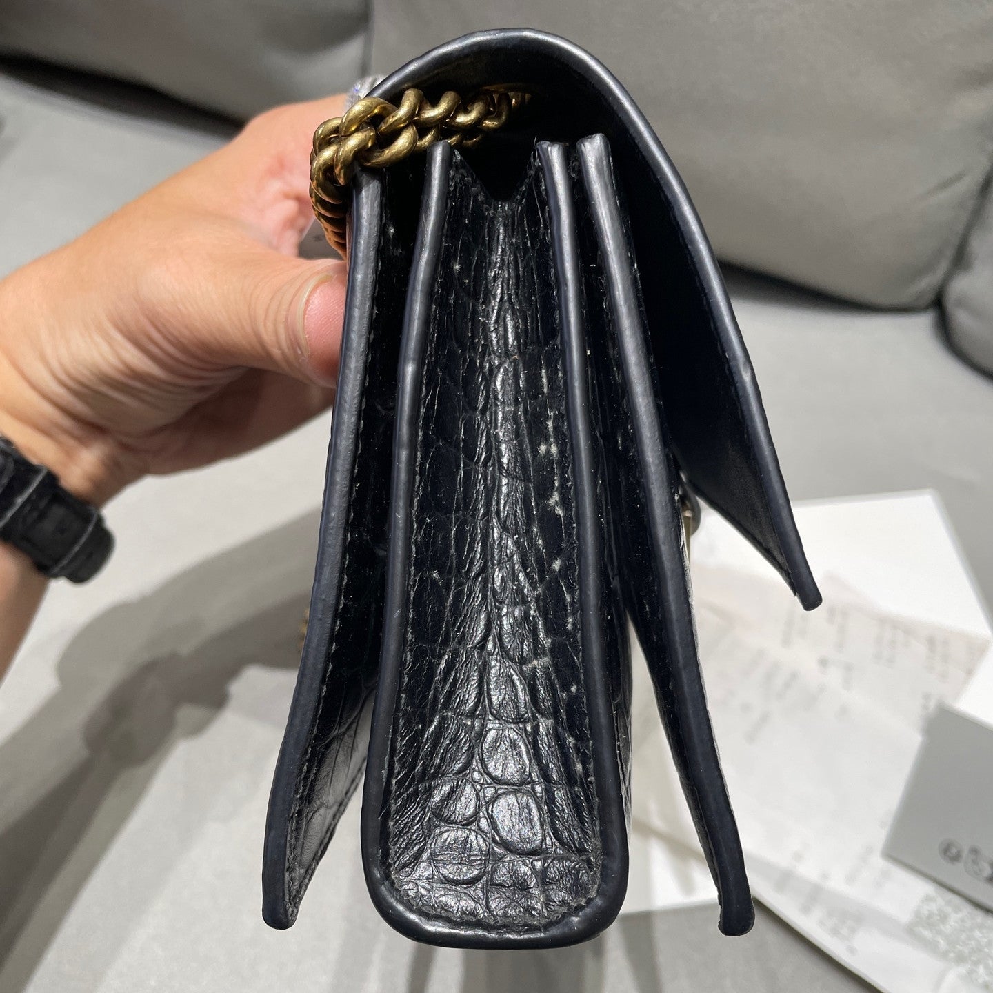 Balenciaga Black Gold Croc Embossed Crush Small Chain Crossbody Bag