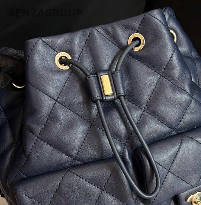 Chanel 23B Calfskin Chain Backpack Blue Gold Diamond Used Women Classic Fashion