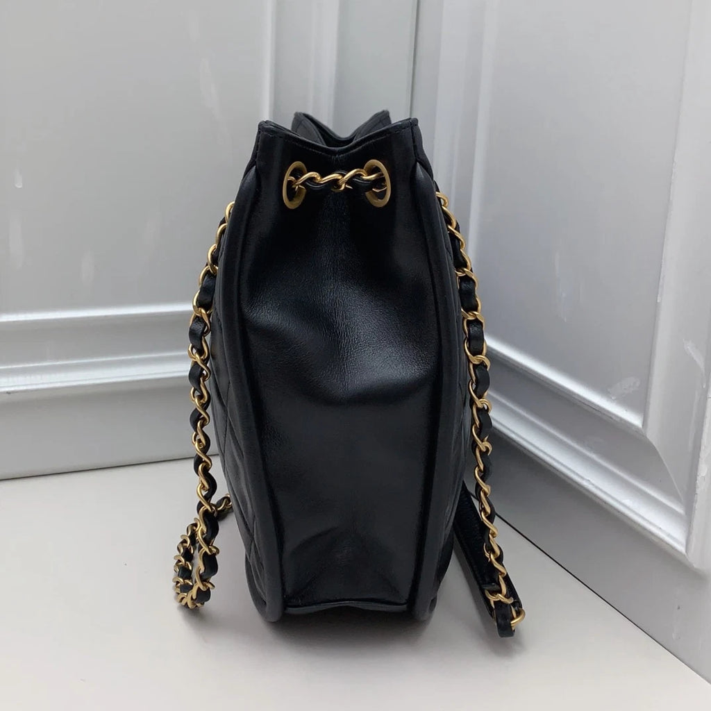 Chanel Diamond Hobo Chain Shoulder Bag Black Gold Used Women Classic