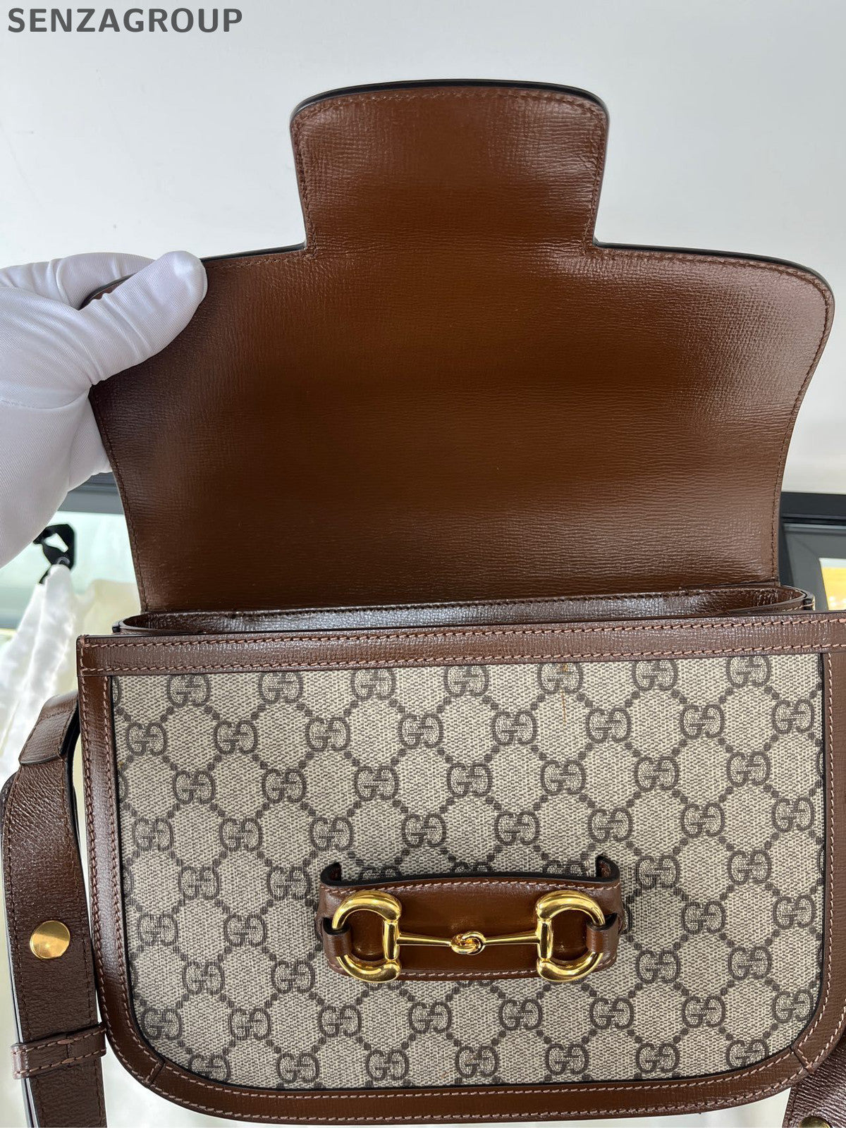Gucci Horsebit 1955 GG Supreme Shoulder Bag Brown Gold Hardware Classic