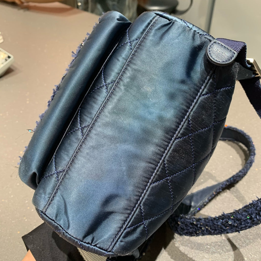 Chanel Classic Black Silver Sequin Tweed Backpack Quilted Pattern