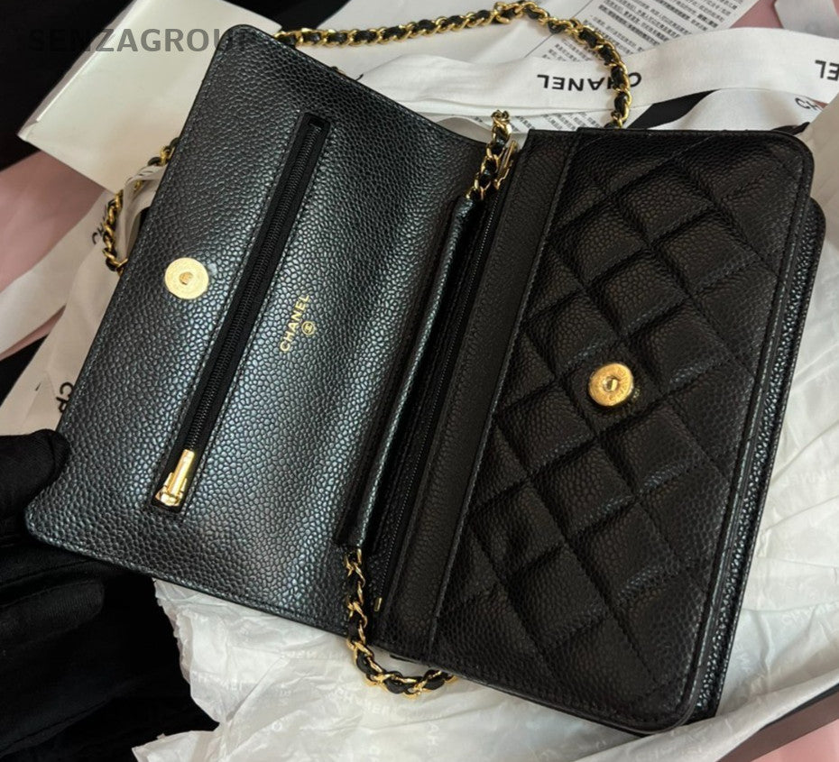 Chanel WOC Chain Calfskin Crossbody Shoulder Bag Black Gold Women Classic