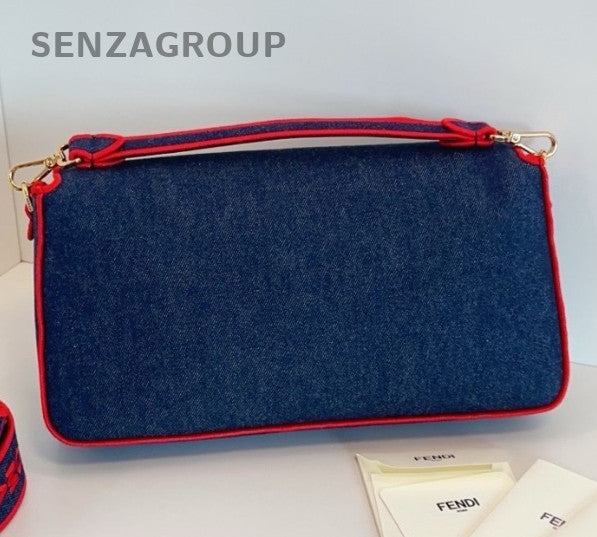 Fendi  Baguette GM Top Handle Bag Crossbody Blue Gold Women Classic Fashion