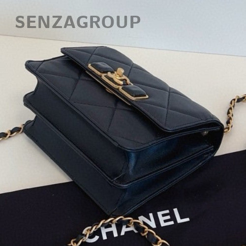Chanel 22A Classic Flap Calfskin Diamond Chain Crossbody Black Gold Women