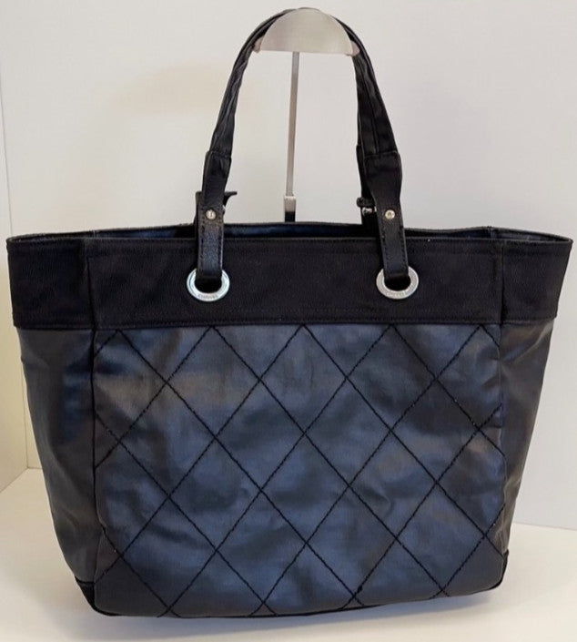 CHANEL CC Logo tote Diamond pattern Shoulder Handbag Black Silver Women