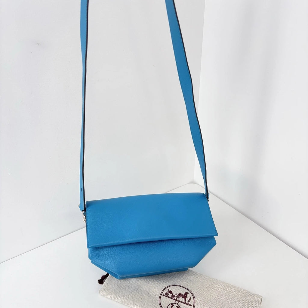 Excellent Hermes Opli24 Messenger Bag Blue Shoulder Bag Silver Hardware