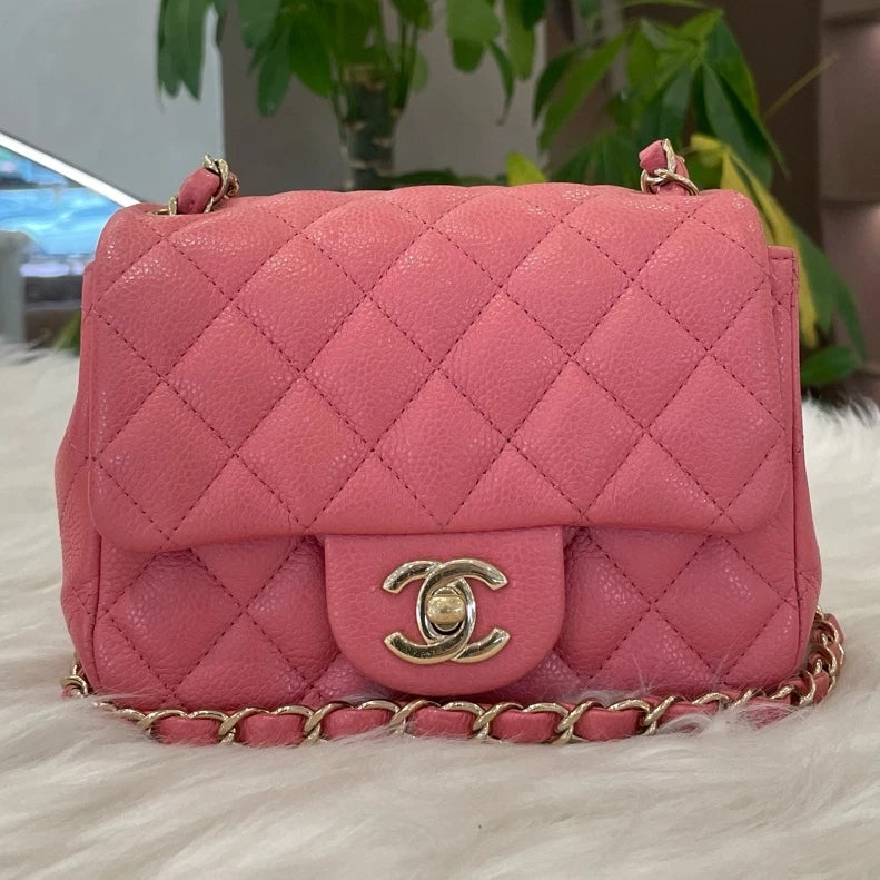 Chanel Classic Square Mini Flap Bag Pink Gold Chain Crossbody For Women