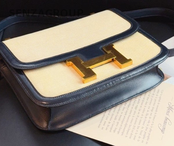 Hermes Constance 2Way Shoulder Bag Crossbody White Blue Gold Women Vintage