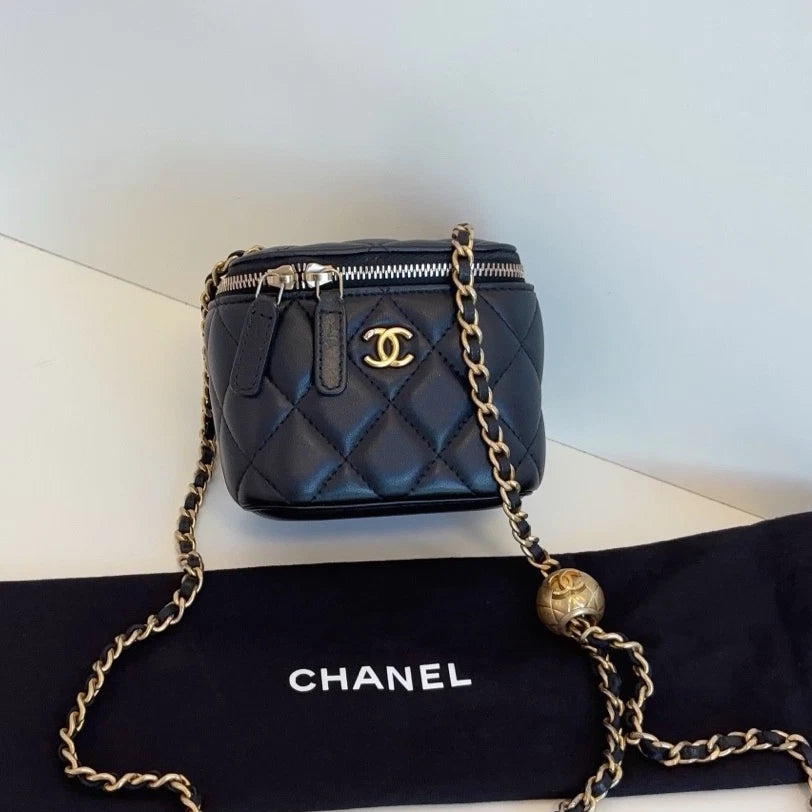 Authentic Chanel Black Vanity Case Diamond Crossbody Bag with Gold Ball Chain