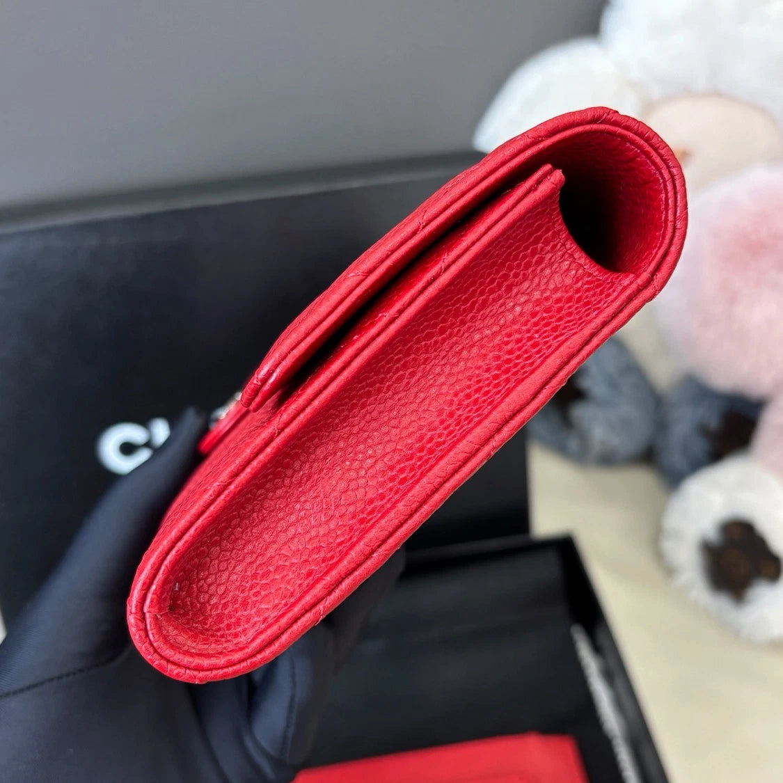 Chanel Calfskin Diamond Clutch Red Silver Women Classic