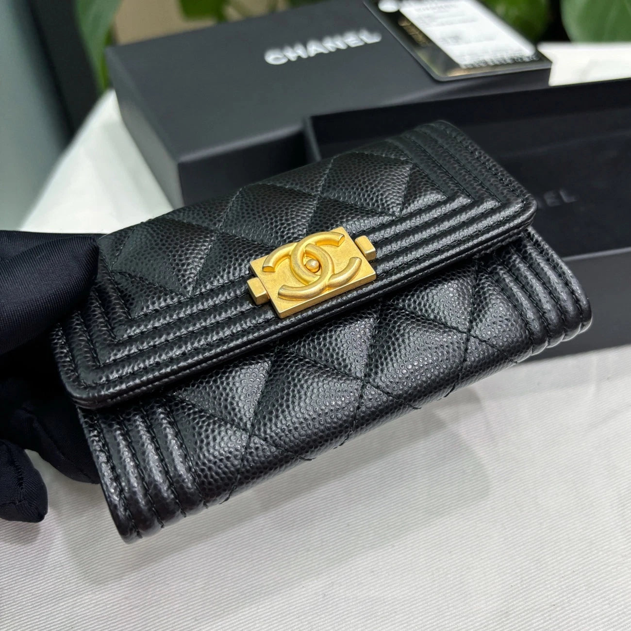 Chanel Leboy Calfskin Diamond Wallet Black Gold Used Women Classic
