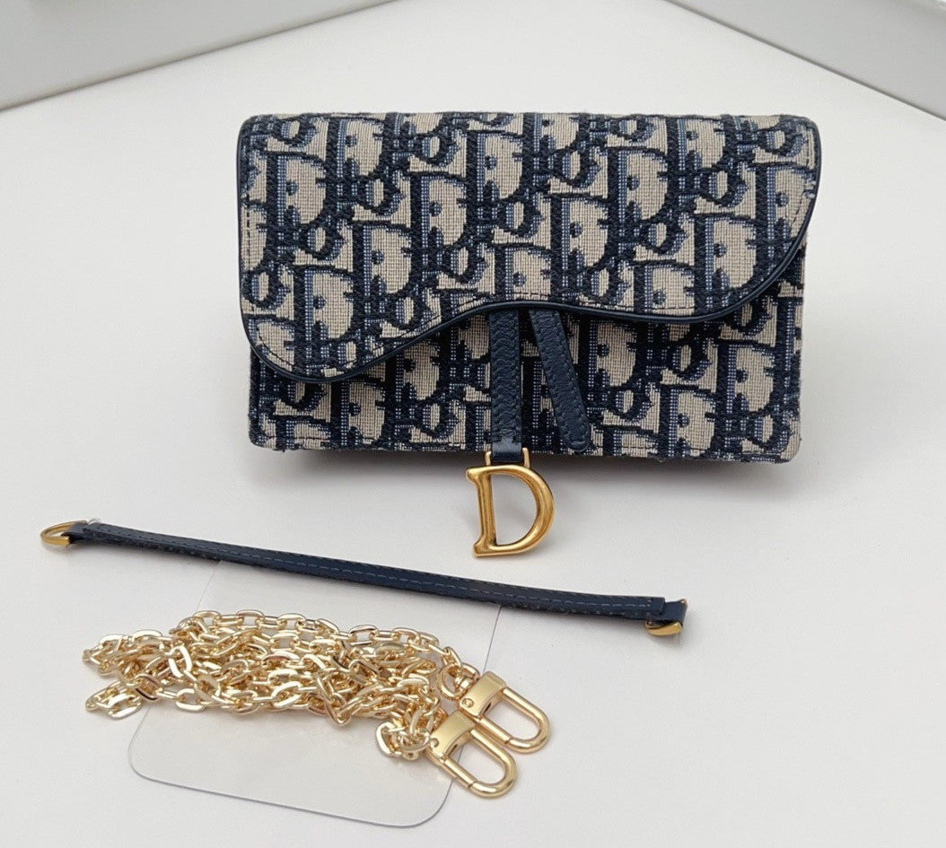 Christian Dior Oblique Chain Shoulder Bag Crossbody Blue Gold Women Classic