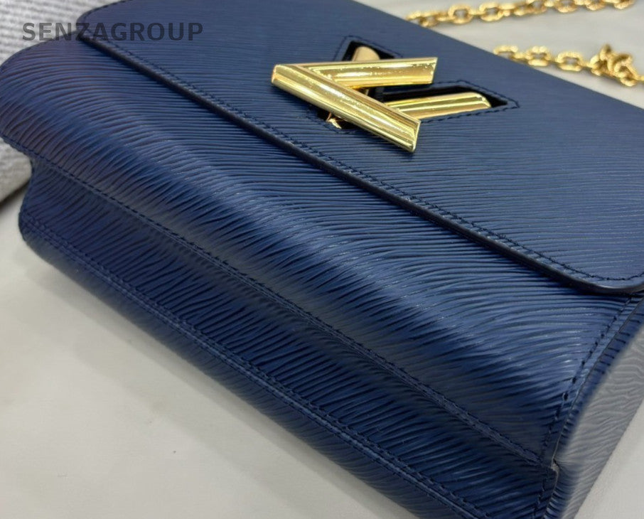 Louis Vuitton Epi Leather MM Chain Shoulder Bag Blue Gold Women Designer