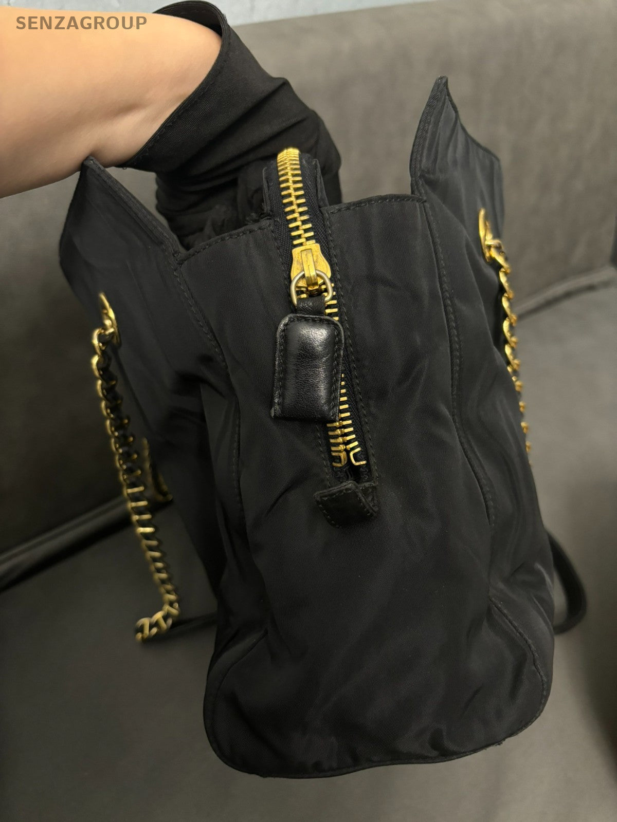 PRADA Classic Nylon Chain Shoulder bag 30 Black Gold Women Handbag