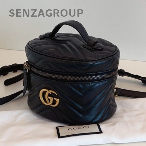 Gucci Marmont Chain Cylinder Bag Backpack Black Gold Women Classic Fashion