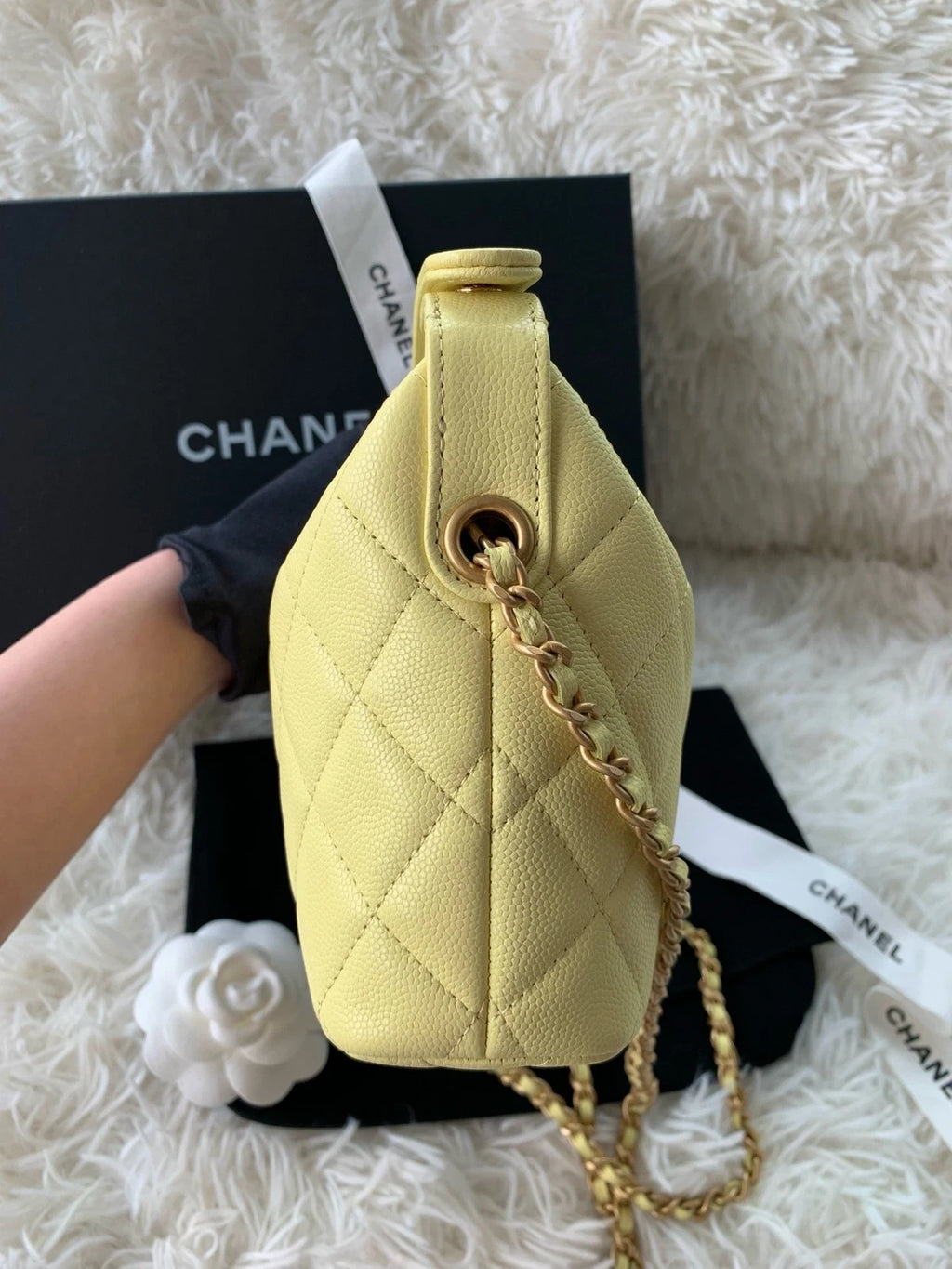 CHANEL Yellow Calfskin Logo Top Handle Lunch Box Bag For Women