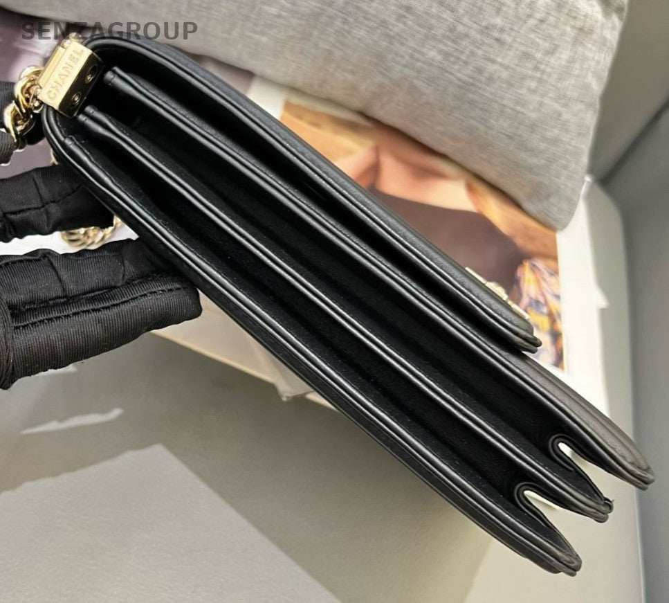Chanel Leboy Calfskin Chain Crossbody Black Gold Women Classic Designer