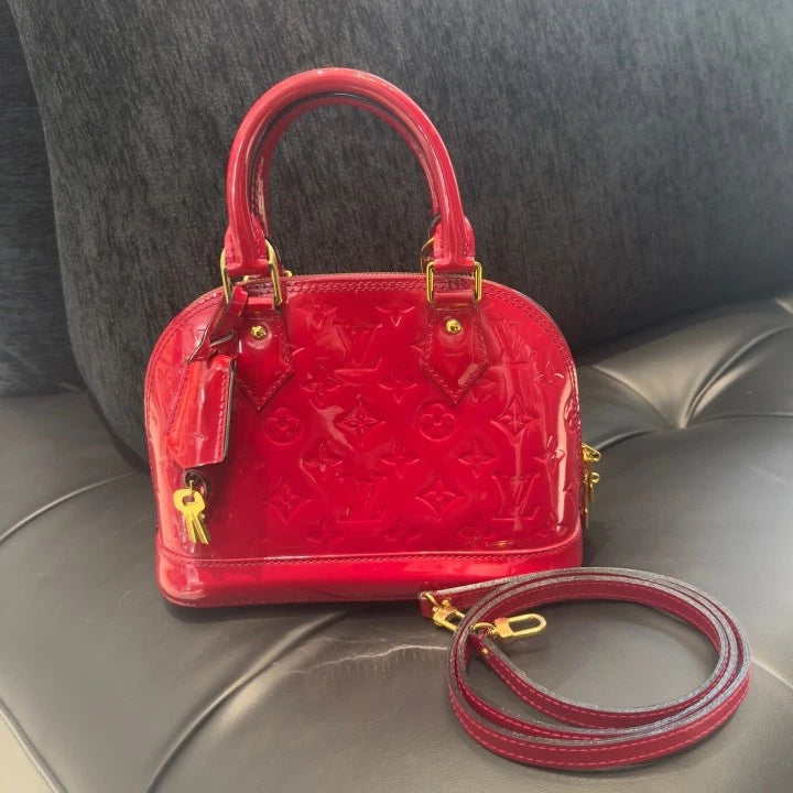 Louis Vuitton Alma BB Patent Top Handle Crossbody Red Gold Women Classic D