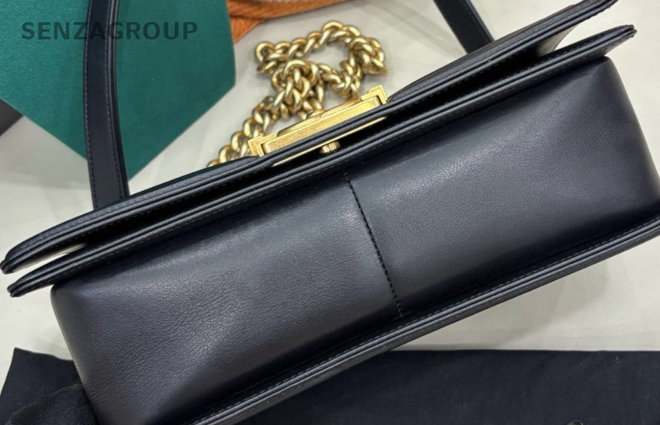 Chanel Leboy MM Calfskin Chain Shoulder Bag Black Gold Diamond Women Classic