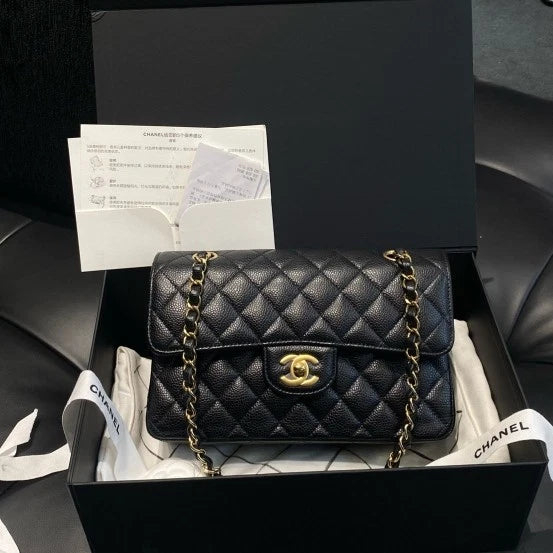Chanel Classic Flap PM Calfskin Chain Shoulder Crossbody Bag Black Women D