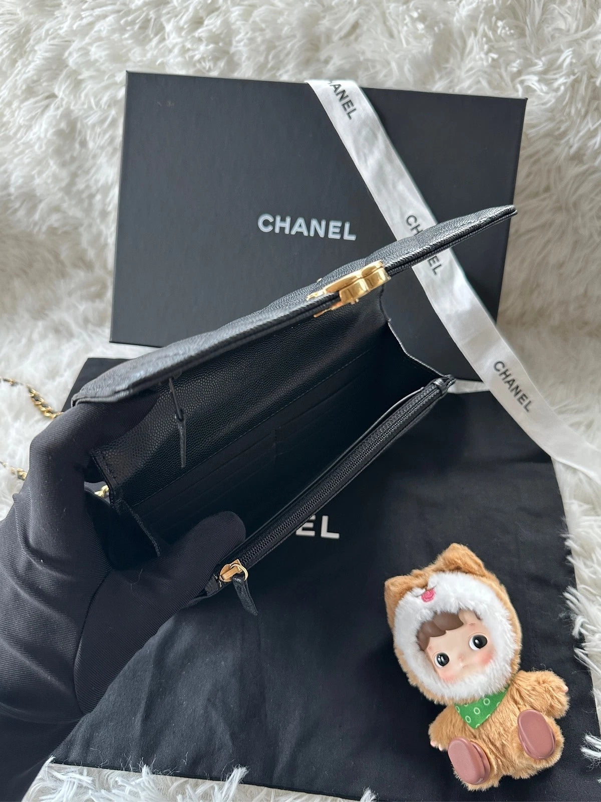 CHANEL Black Leather WOC Shoulder Handbag Crossbody For Women