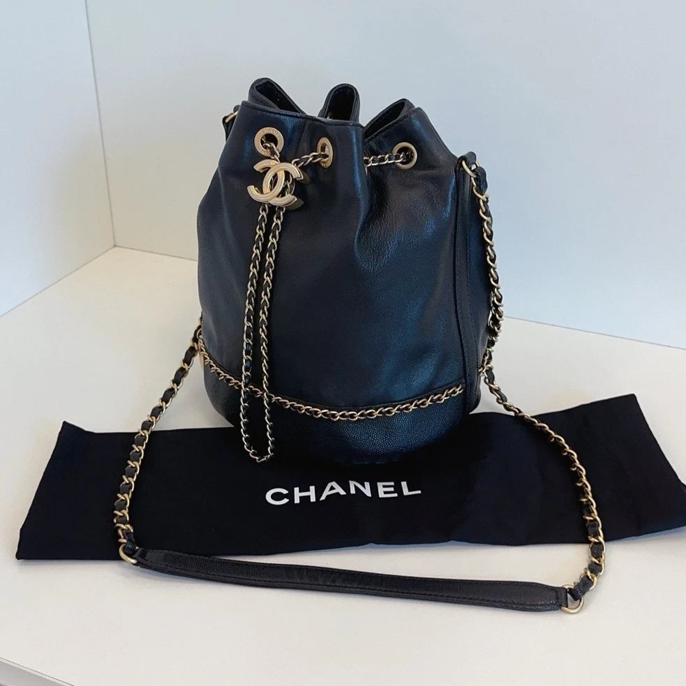 Chanel Greece Line Bucket Soft Calfskin Crossbody Bag Black Gold Women