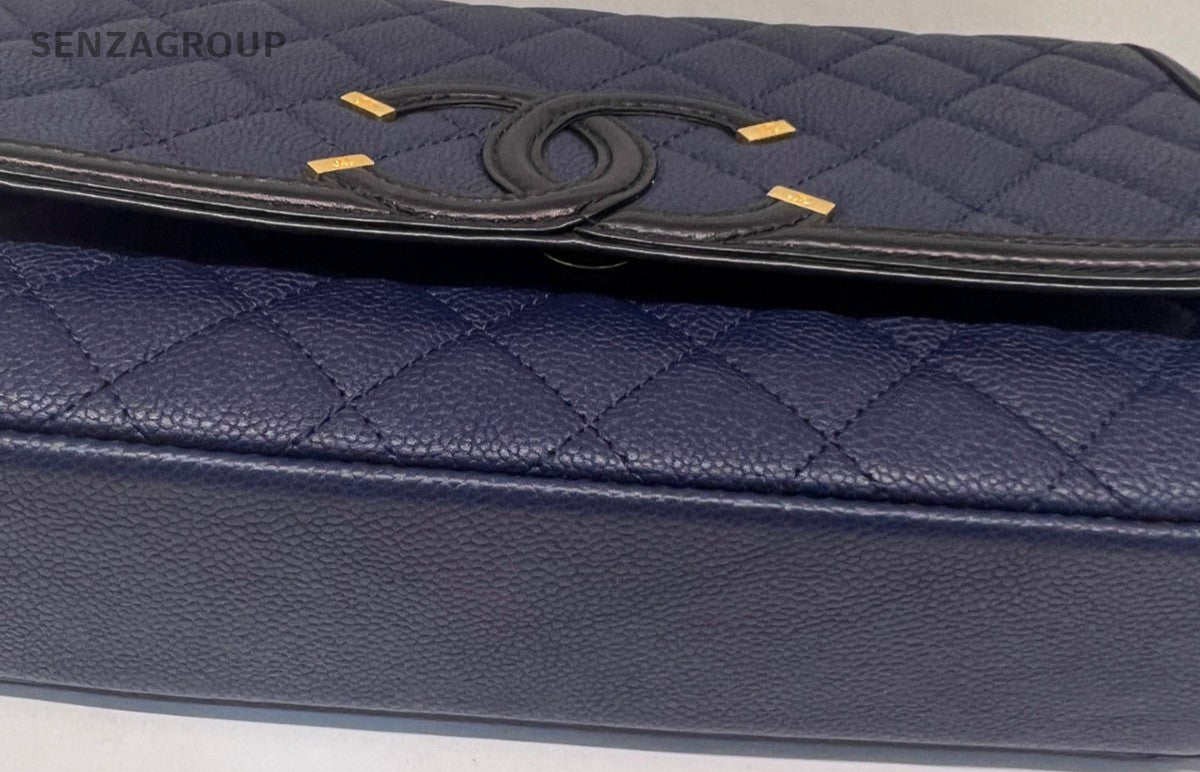 Chanel Vanity Case Filigree MM Calfskin Chain Shoulder Bag Crossbody Bule Women