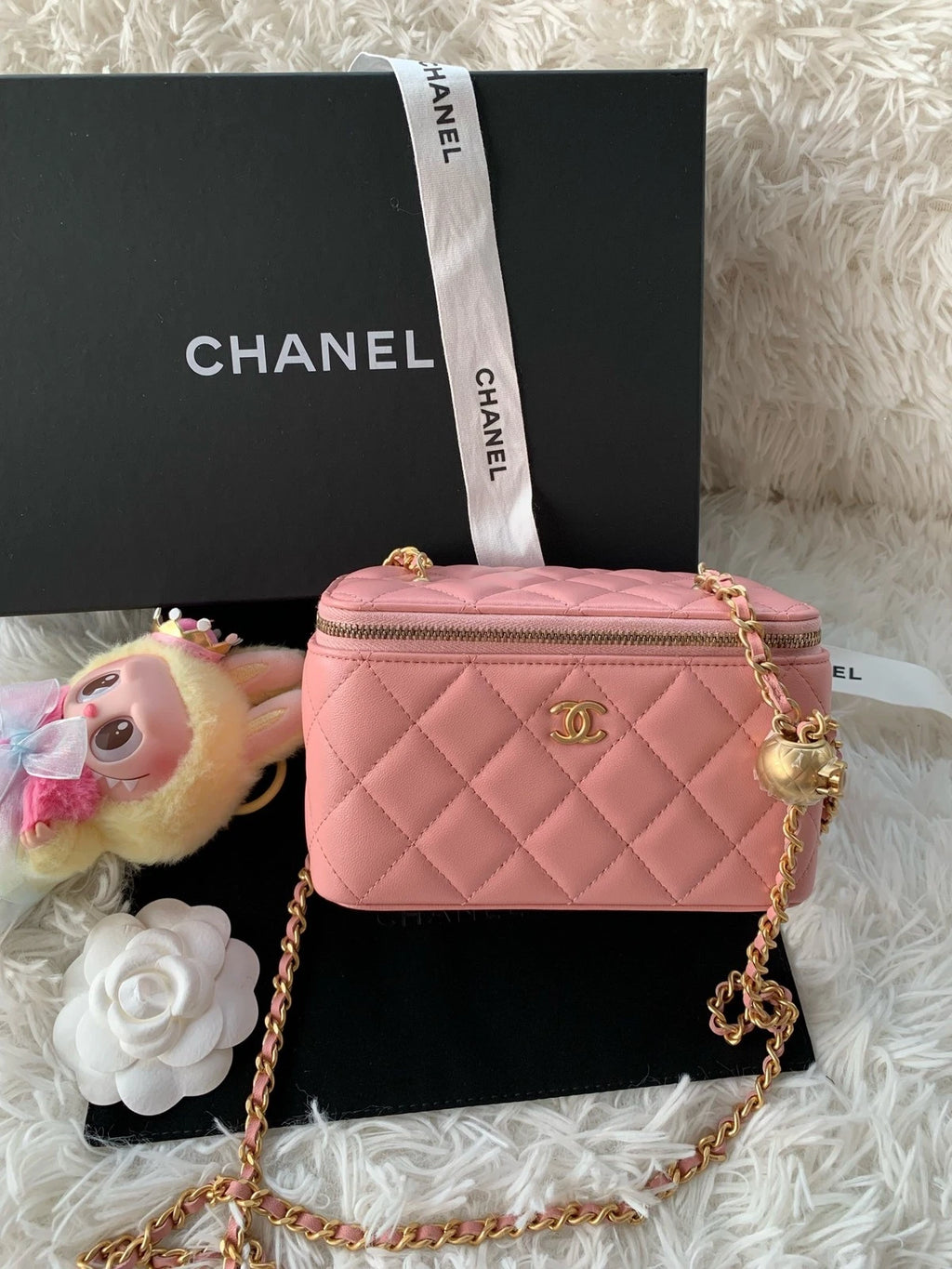 CHANEL Coral Pink Lambskin Gold Ball Long Box Shoulder Crossbody Women