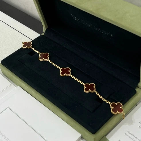 Van Cleef &amp; Arpels VCA Vintage Alhambra 5 Motifs Bracelet 18K YG Red Carnelian