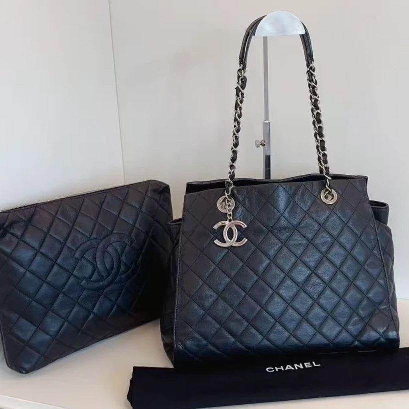 Chanel Calfskin Tote Chain Shoulder Bag Black Silver Diamond Women Classic