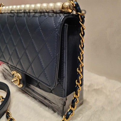 Chanel Blue Quilted Caviar Pearl Chain Shoulder Bag Gold Hardware