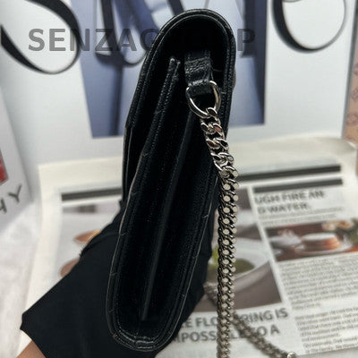 YSL Saint Laurent Classic Chain Envelope Leather Wallet Bag Black Silver