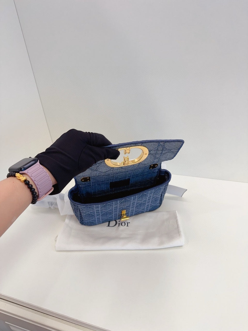 Christian Dior Caro PM Denim Wicker check pattern Chain Shoulder bag Blue Gold