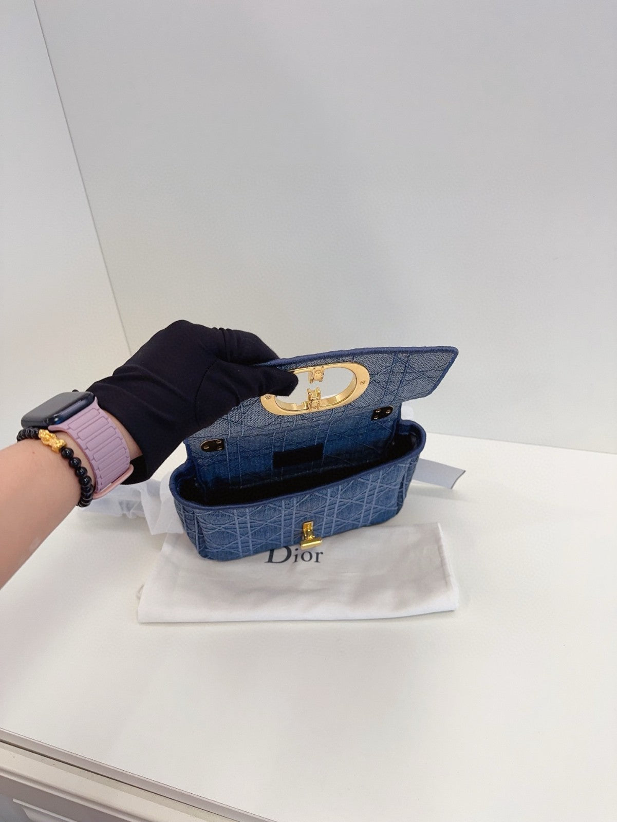Christian Dior Caro PM Denim Wicker check pattern Chain Shoulder bag Blue Gold