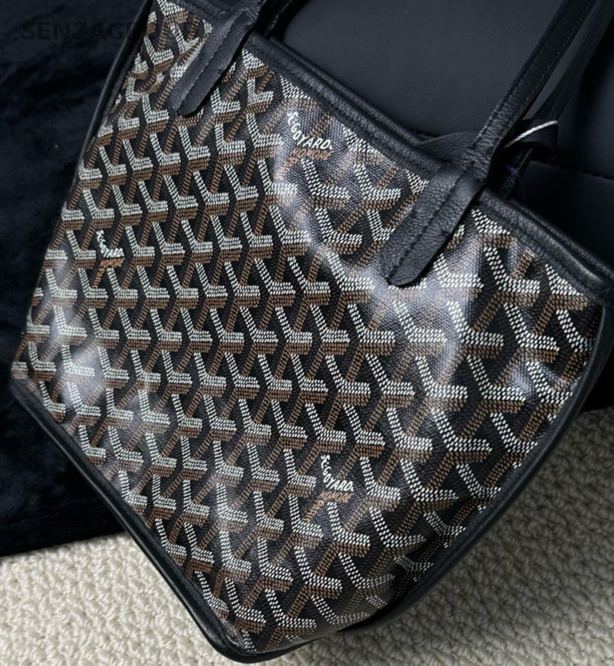 Goyard Mini Tote Bag Calfskin Monogram Top Handle Shoulder Bag Women Black.