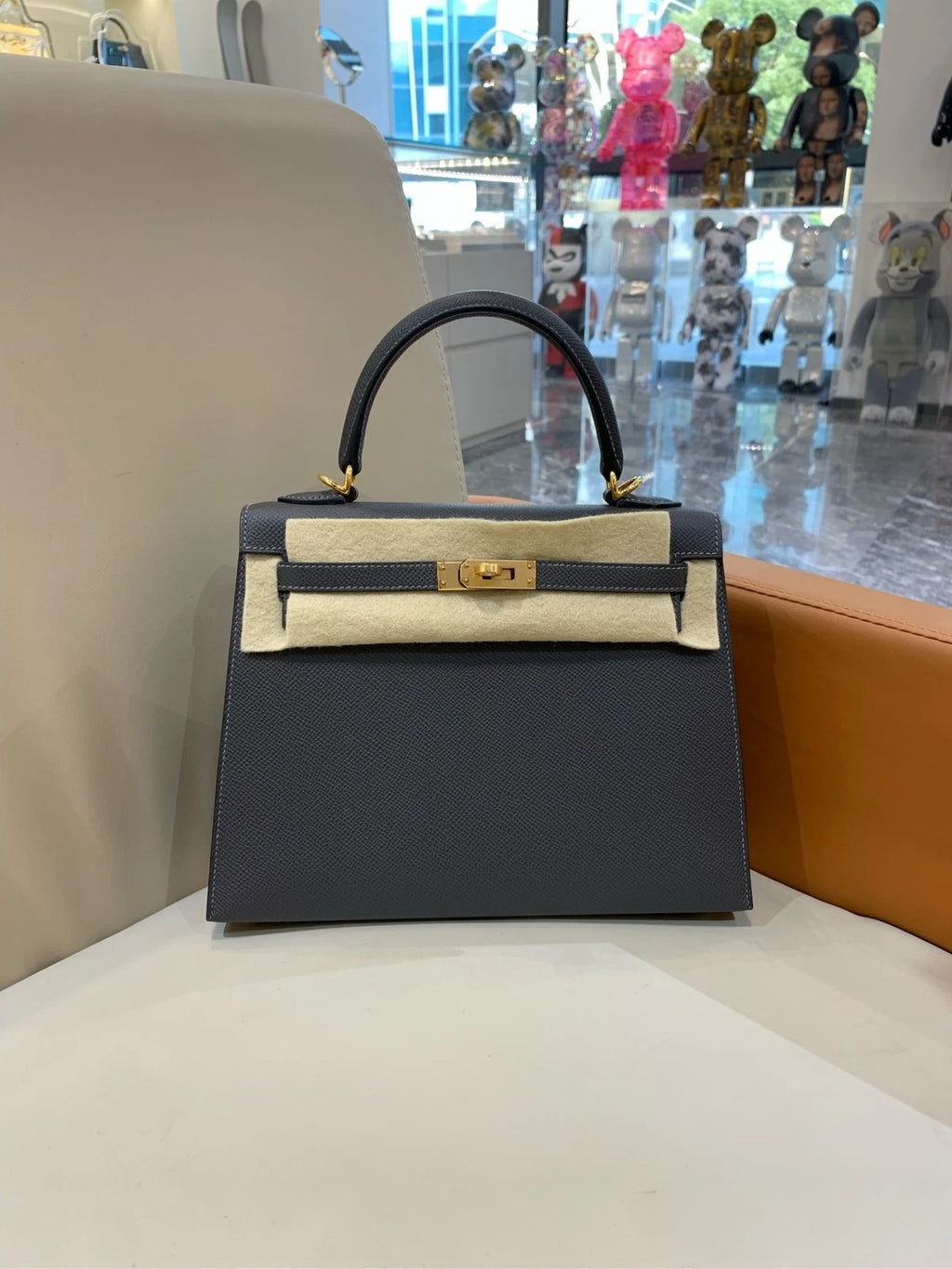 Hermes Kelly25 Grey Epsom Leather Women Top Handle Bag