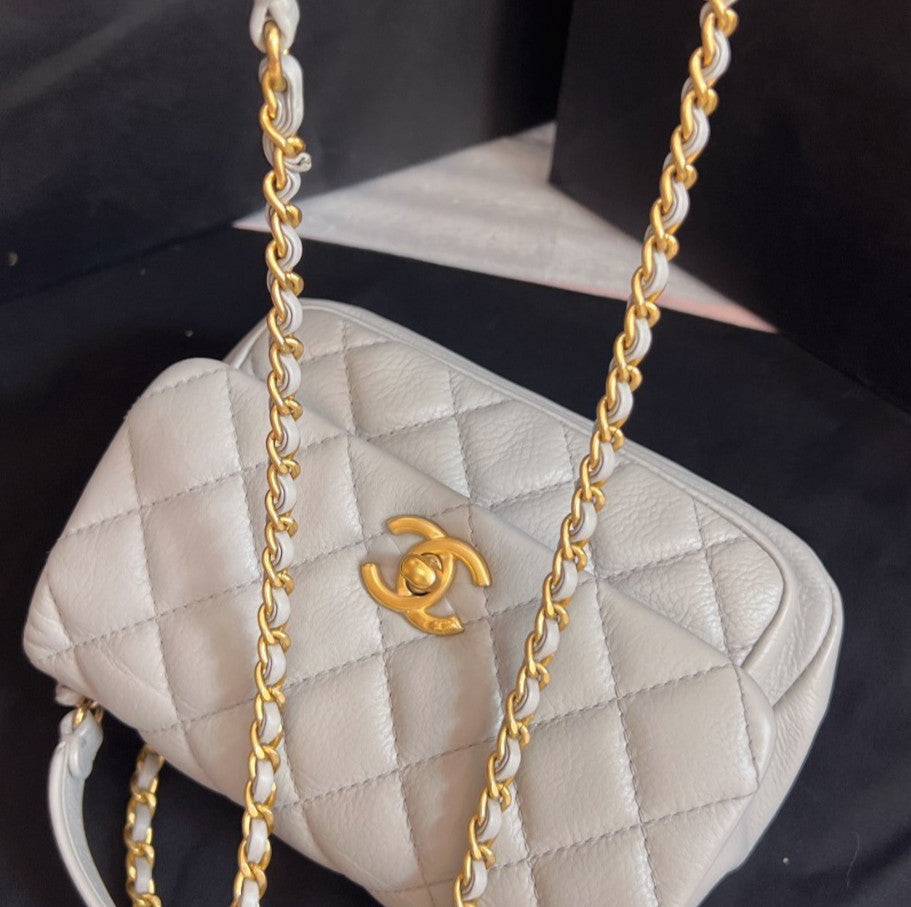 Chanel Diamond Mini 2Way Top Handle Chain Crossbody Gray Gold Women Classic