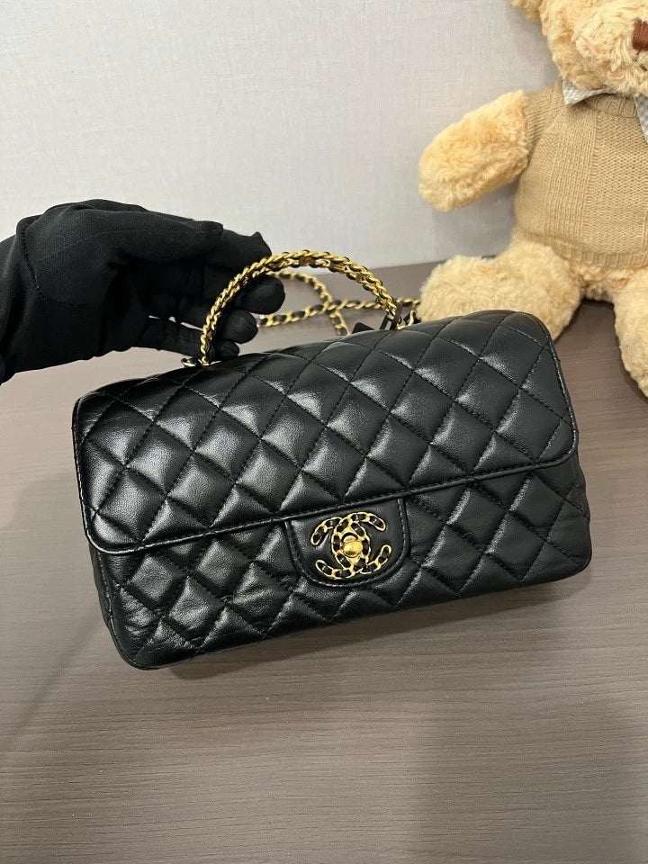 CHANEL 24C Black Gold Rhinestone Handle CF Handbag For Women