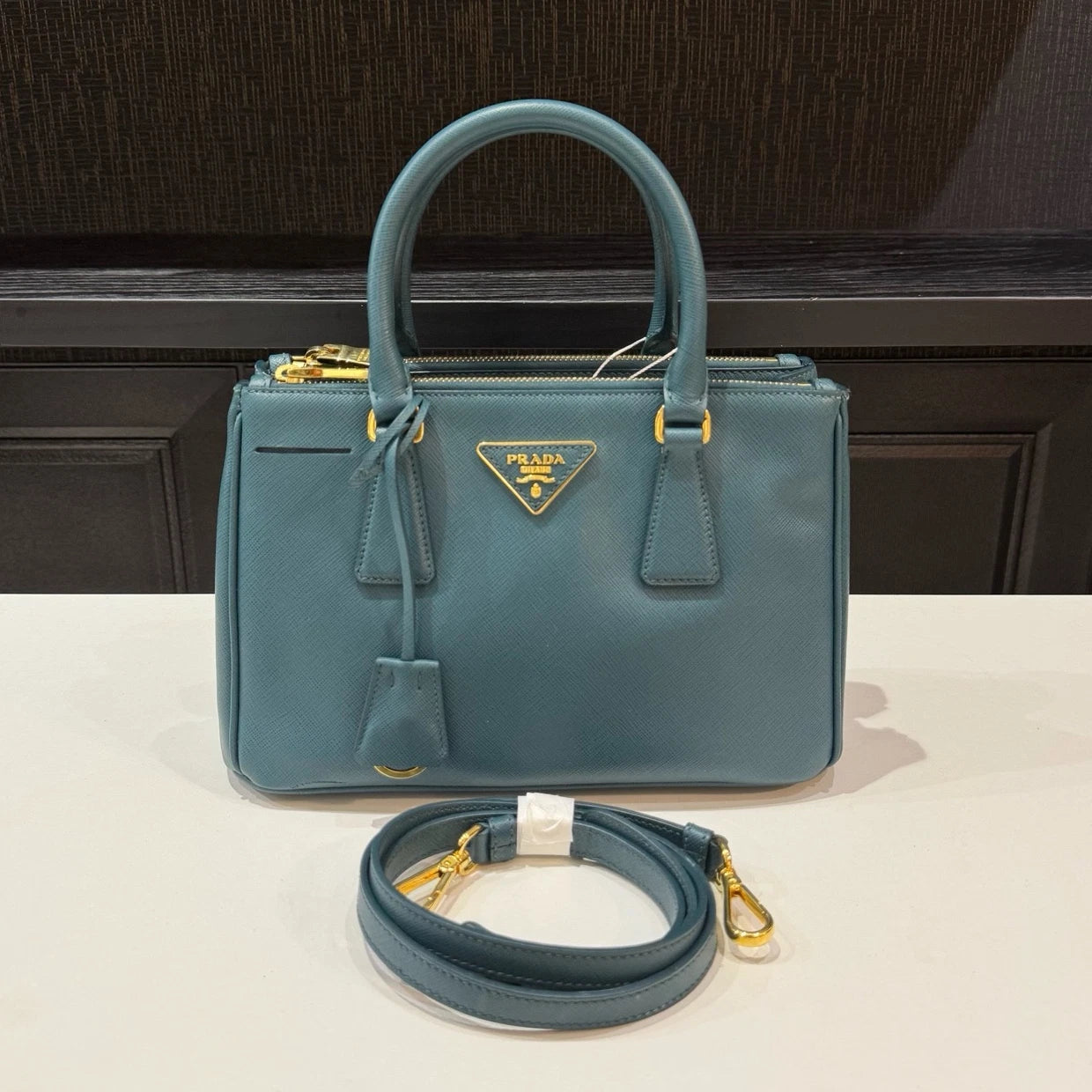 Prada Galleria 2Way Top Handle Bag Crossbody Blue Gold Used Women Classic
