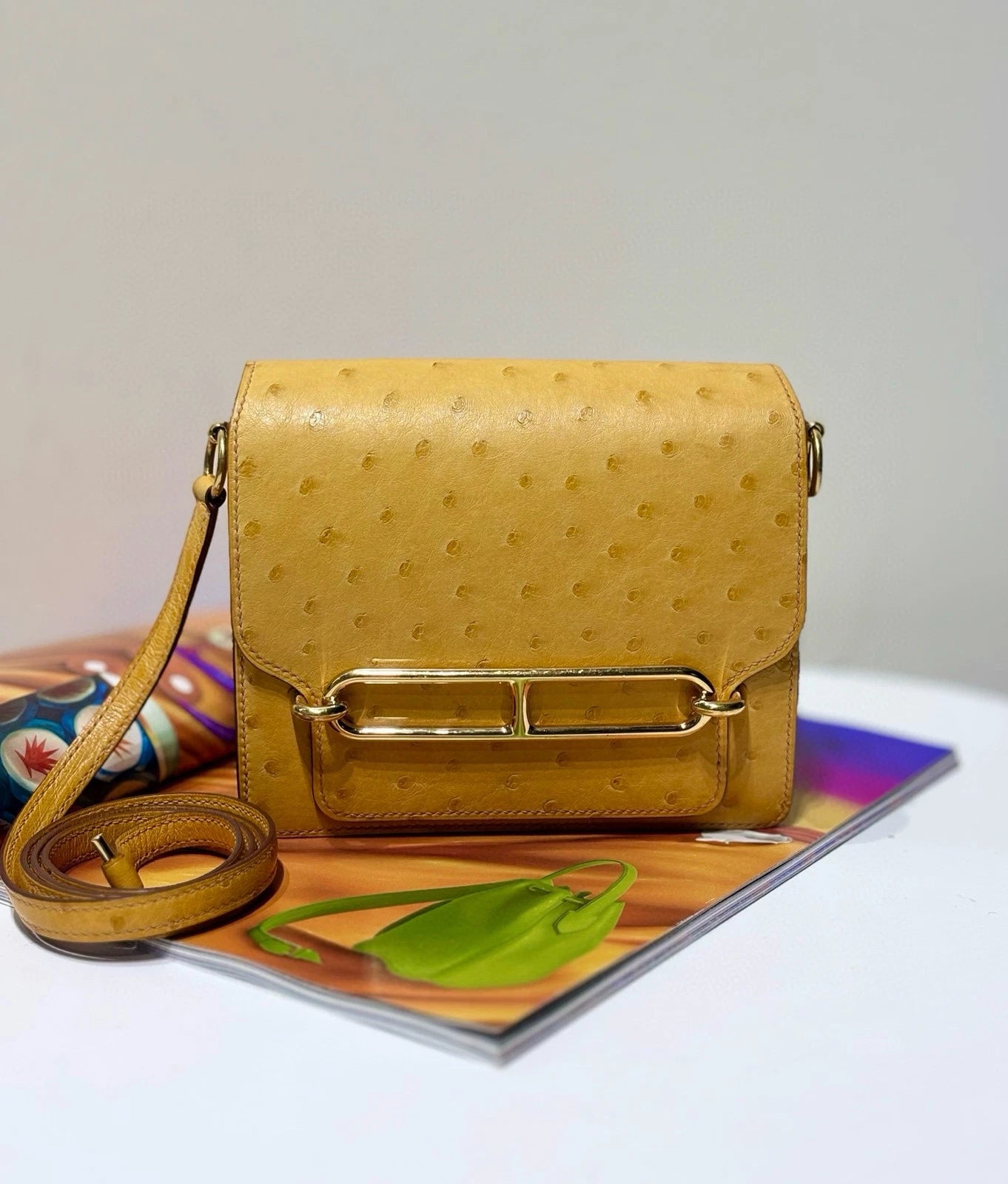 Hermes Roulis 19 Yellow Ostrich Leather Shoulder Bag For Women